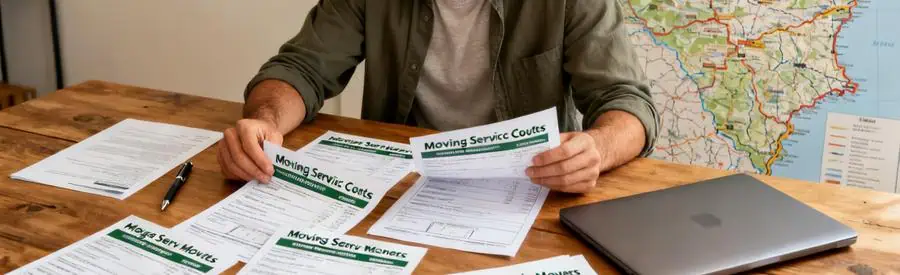 Personne comparant plusieurs offres de déménagement sur une table, avec carte des Vosges en arrière-plan.
