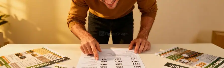 Personne examinant plusieurs offres de déménagement à Marseille sur une table.