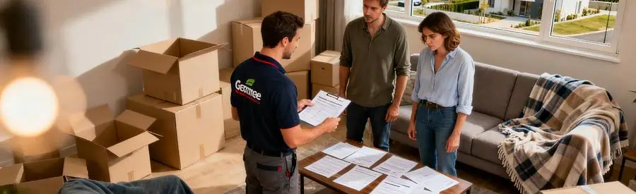 Couple comparant plusieurs offres de déménageurs professionnels dans leur salon en Mayenne