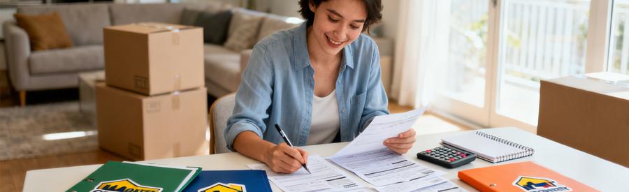 Comparaison Offres Demenageurs Sarthe 72 Personne comparant plusieurs offres de déménageurs sur table avec documents et calculatrice dans salon