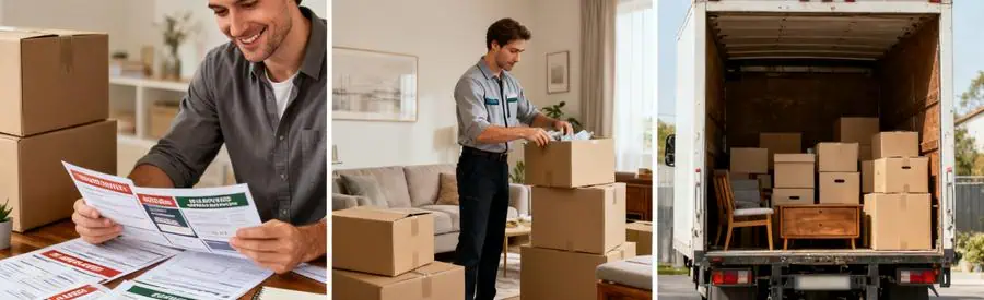 Personne comparant des offres de déménagement, professionnel emballant cartons, camion chargé à Troyes.