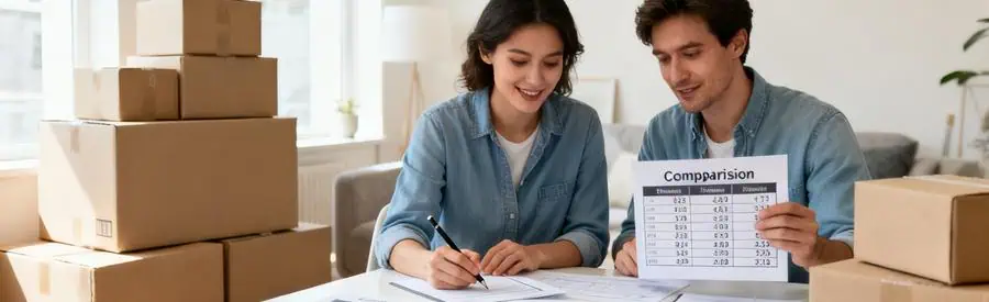 Deux personnes comparant des tarifs de déménagement à Angoulême, entourées de cartons.