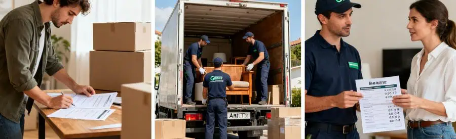 Comparaison Tarifs Demenagement Antony Personnes comparant les tarifs de déménagement tout en chargeant un camion à Antony.