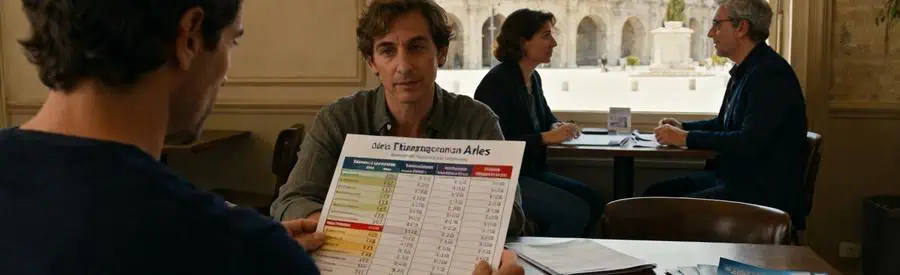 Personnes comparant des tarifs de déménagement à Arles avec des brochures étalées sur la table.