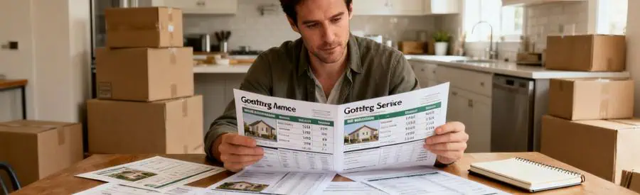 Personne examinant des offres de déménagement à Arras, avec des cartons en arrière-plan.