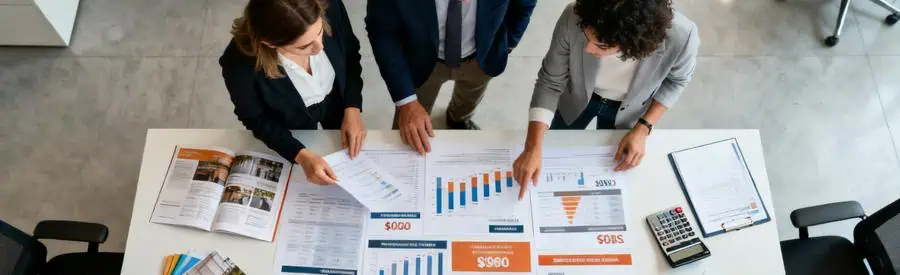 Trois professionnels du déménagement comparant des devis dans un bureau moderne à Bobigny.