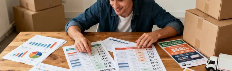 Personne examinant des tableaux de tarifs de déménagement en Centre-Val de Loire, dans un environnement calme.