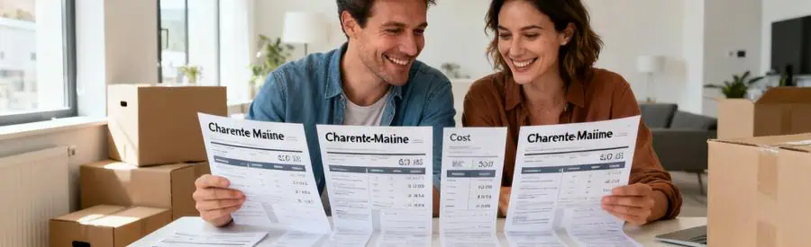 Couple comparant les tarifs de déménagement en Charente-Maritime avec des documents sur une table.