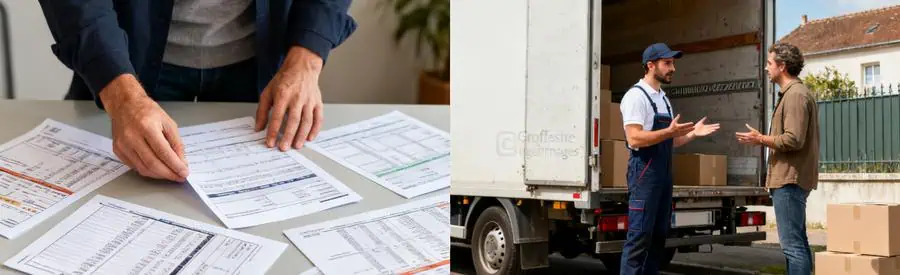 Comparaison Tarifs Demenagement Charleville Mezieres Personne comparant des documents tarifaires et professionnel discutant des options de déménagement à Charleville-Mézières.