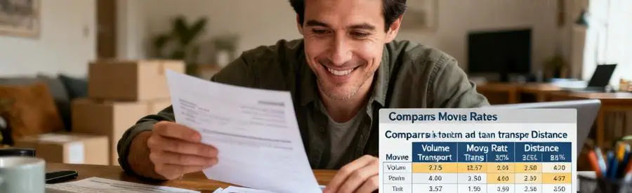 Personne comparant des budgets pour un déménagement à Chaumont avec documents sur la table.