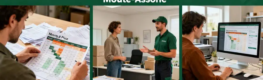 Personnes comparant les tarifs de déménagement en Haute-Saône avec des documents et des discussions.