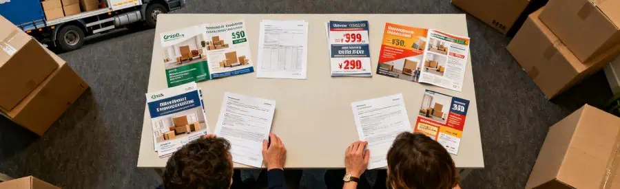 Deux personnes comparant des offres de déménagement à Ivry-sur-Seine, documents étalés sur la table.