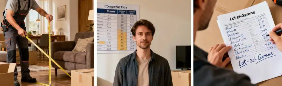 Personne prenant des mesures, tableau des prix et consultation de documents sur les coûts déménagements dans le Lot-et-Garonne.