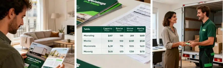Comparaison Tarifs Demenagement Marseille 15eme Triptyque illustrant les tarifs indiqués pour un déménagement à Marseille 15ème avec brochures et échanges entre clients et professionnels.