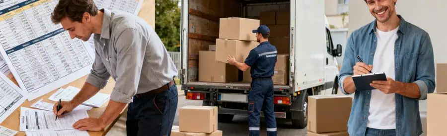 Comparaison de tarifs de déménagement dans la Nièvre avec un professionnel, des cartons et un client satisfait.