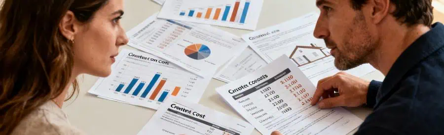 Comparaison Tarifs Demenagement Pyrenees Atlantiques Deux personnes comparant les tarifs de déménagement dans les Pyrénées-Atlantiques sur une table avec des documents.