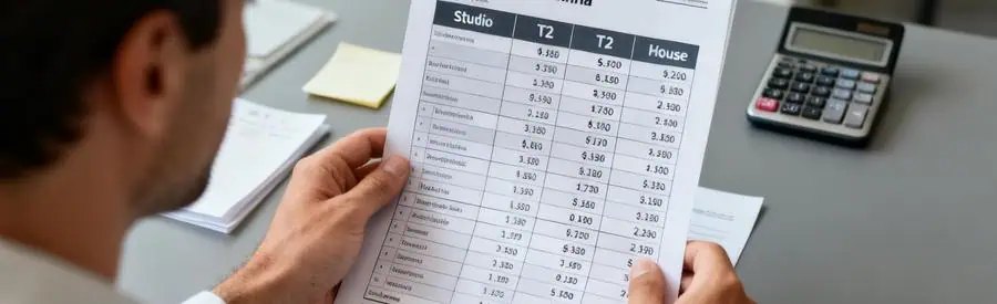 Personne comparant les tarifs de déménagement à Vienne sur un document papier et des notes organisées.