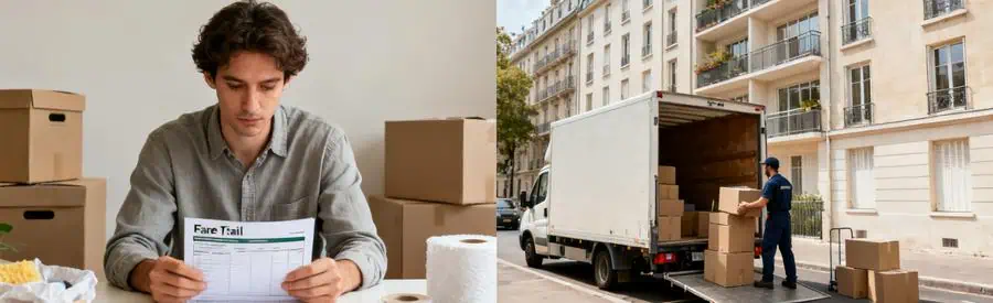 Personne examinant des documents de tarifs de déménagement, et déménageur chargeant un camion à Vincennes.