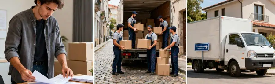 Personne comparant des documents sur les tarifs de déménagement dans les Vosges avec des déménageurs chargement dans un camion.