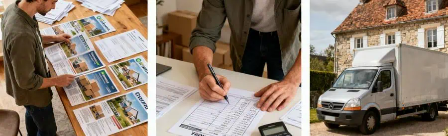Personnes comparant des brochures de déménagement et prenant des notes sur des tarifs pour un déménagement dans l'Yonne.