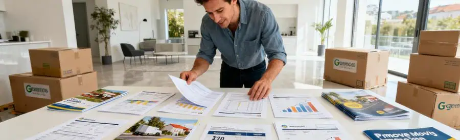 Personne comparant plusieurs offres de déménagement à Alençon sur une table, expressions de concentration et satisfaction.