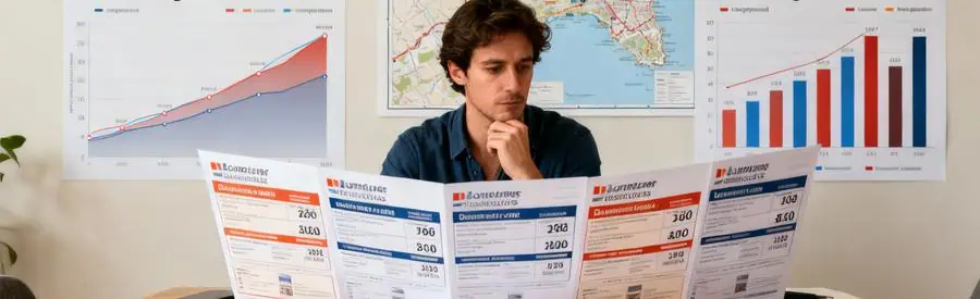 Personne comparant plusieurs offres de déménagement à Boulogne-sur-Mer, entourée de documents et d'une carte.