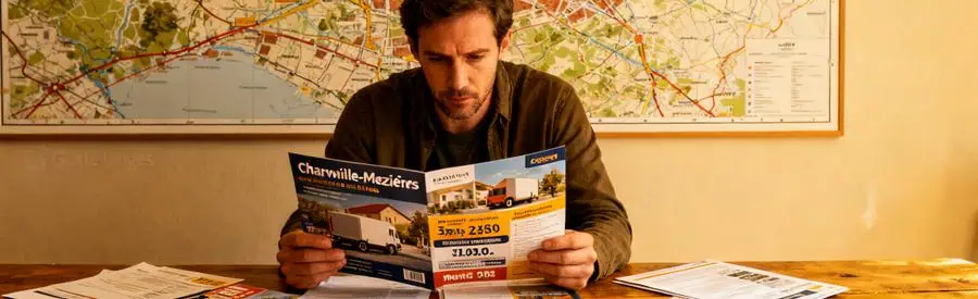 Comparer Offres Demenagement Charleville Mezieres Personne comparant diverses offres de déménagement à Charleville-Mézières avec des brochures sur la table.