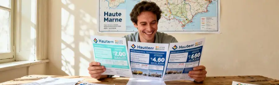 Comparer Offres Demenagement Haute Marne Personne examinant plusieurs offres de déménagement sur une table avec une carte de Haute-Marne en arrière-plan.