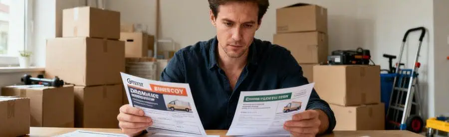 Personne examinant plusieurs offres de déménagement sur des documents papiers dans un environnement de déménagement.