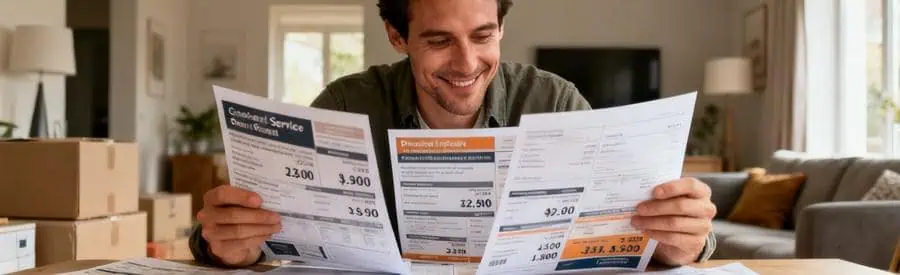 Comparer Offres Demenagement Pas De Calais Personne comparant plusieurs offres de déménagement dans un environnement résidentiel du Pas-de-Calais, sourire satisfait.