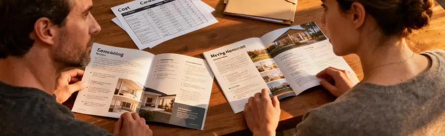 Personne examinant plusieurs brochures de déménagement à Royan, mettant en avant la comparaison des tarifs et services.
