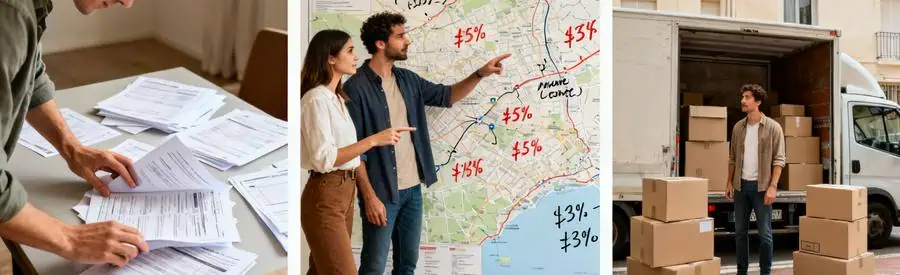 Trois scènes illustrant la comparaison des offres et tarifs de déménagement à Marseille 10ème.