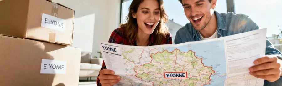 Un couple examine une carte de l'Yonne et des offres de déménagement dans un cadre moderne.