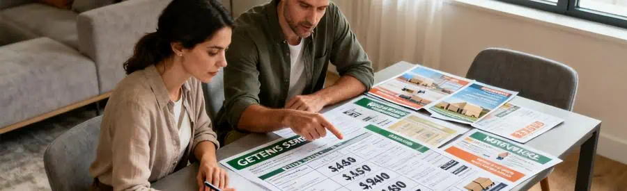Comparison Offres Demenagement Landes Deux personnes comparant des offres de déménagement avec des tarifs sur une table, ambiance moderne.