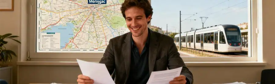 Comparison Offres Demenagement Merignac Personne examinant plusieurs offres de déménagement sur une table, avec documents et une carte de Mérignac à l'arrière-plan.