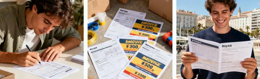 Trois étapes pour comparer des offres de déménagement à Royan, utilisateur examinant documents et formulaires.