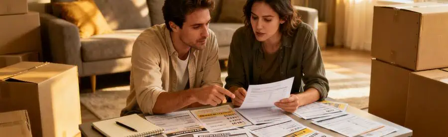 Couple comparant des offres de déménagement dans un salon moderne avant un déménagement en Seine-Maritime.