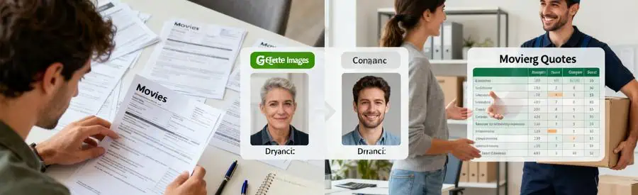 Comparison Tarifs Demenagement Drancy Comparaison de tarifs de déménagement à Drancy, personnes examinant des offres sur documents.