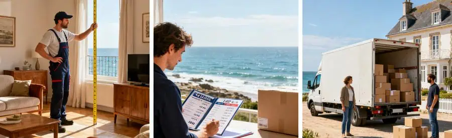 Trois scènes illustrant le budget à prévoir pour un déménagement à Saint-Malo : mesure des meubles, consultation de tarifs, chargement du camion.