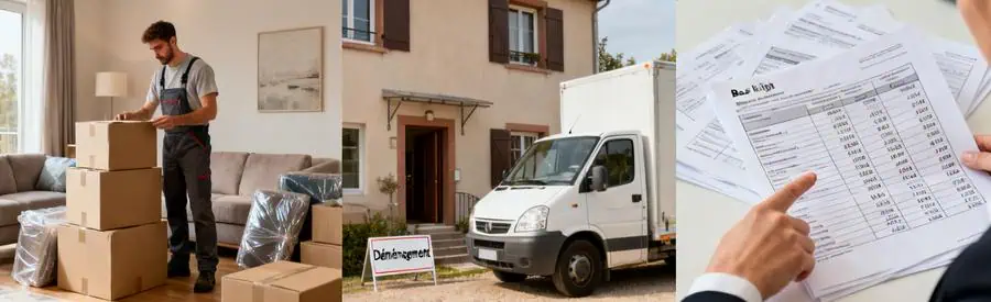 Illustration des tarifs de déménagement dans le Bas-Rhin, avec évaluation des volumes, camion et documents de prix.