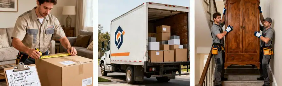 Scènes illustrant les facteurs influençant le prix d'un déménagement dans le Maine-et-Loire, avec professionnels en action.