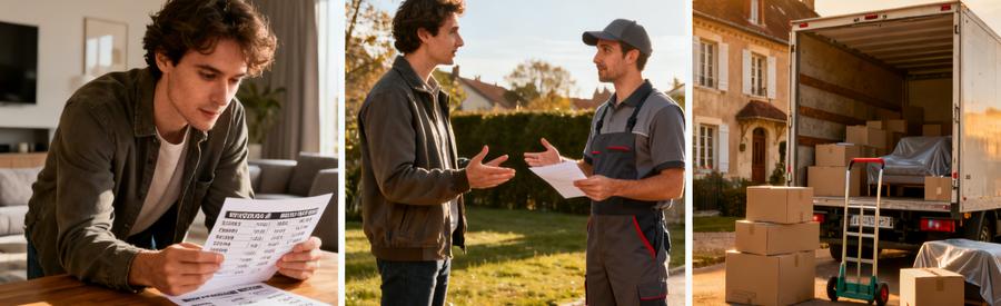 Trois scènes illustrant la comparaison des tarifs de déménagement en Bourgogne-Franche-Comté avec des professionnels.