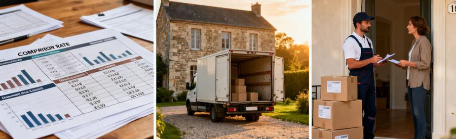 Composition Tarifs Demenagement Ille Et Vilaine Illustration des tarifs de déménagement en Ille-et-Vilaine avec comparaison de formules et interaction client.