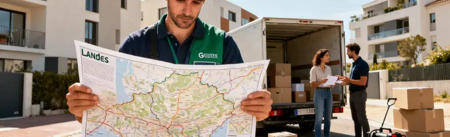 Consultation Offres Demenagement Landes Agent de déménagement consultant une carte, illustrant la diversité des offres dans les Landes.