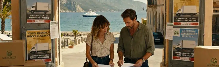 Personnes examinant des options de déménagement en Corse-du-Sud, vue sur mer et montagne.