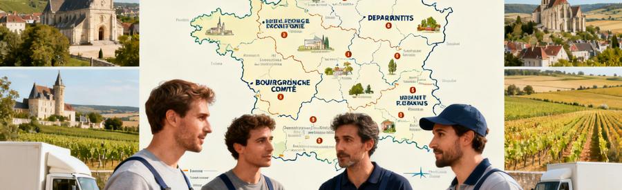 Carte des départements en Bourgogne-Franche-Comté avec des déménageurs discutant des services logistiques.