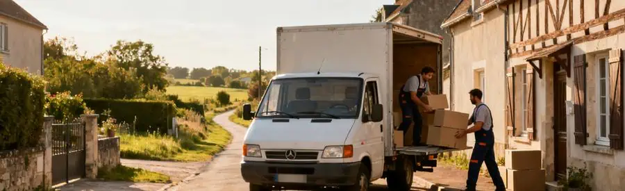 Camion de déménagement en zone rurale de l'Indre, chargement de cartons dans une rue étroite.