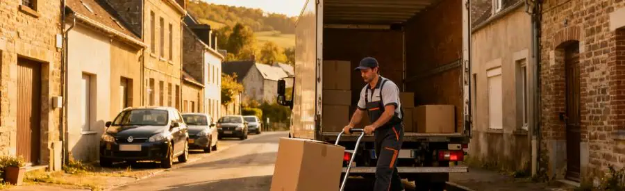 Chargement d'un camion de déménagement dans un village de la Meuse, mettant en évidence l'accès adapté aux vehicules.