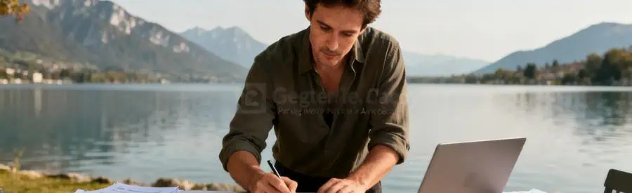 Personne remplissant un formulaire de stationnement pour un déménagement à Annecy, avec montagnes et lac en arrière-plan.