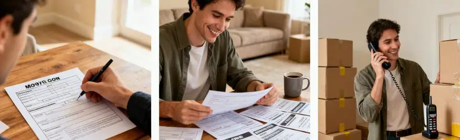 Personne comparant offres de déménagement en Creuse avec des documents papier sur une table.
